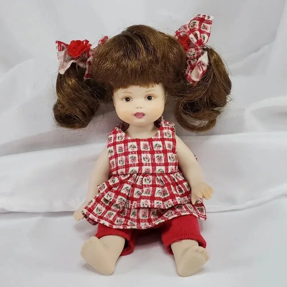 Vintage DELTON Porcelain Doll Dressed In Red 7 Inch Tall Movable Arms & Legs